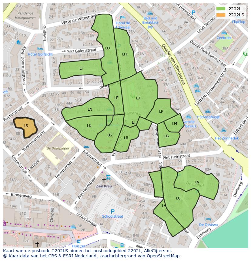 Afbeelding van het postcodegebied 2202 LS op de kaart.
