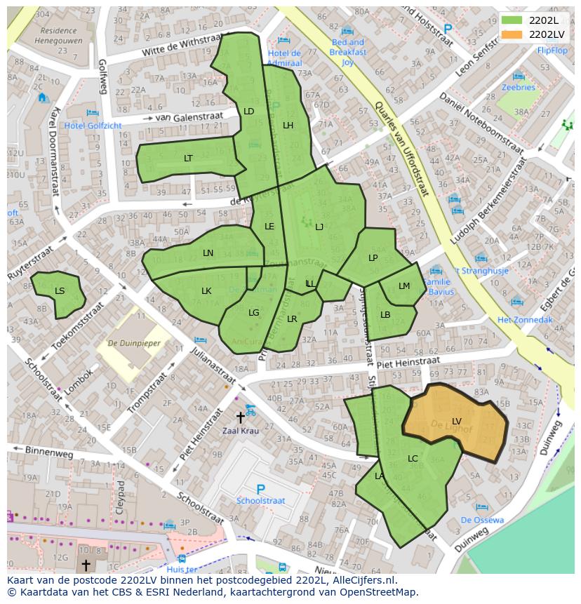 Afbeelding van het postcodegebied 2202 LV op de kaart.