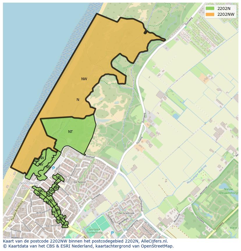 Afbeelding van het postcodegebied 2202 NW op de kaart.