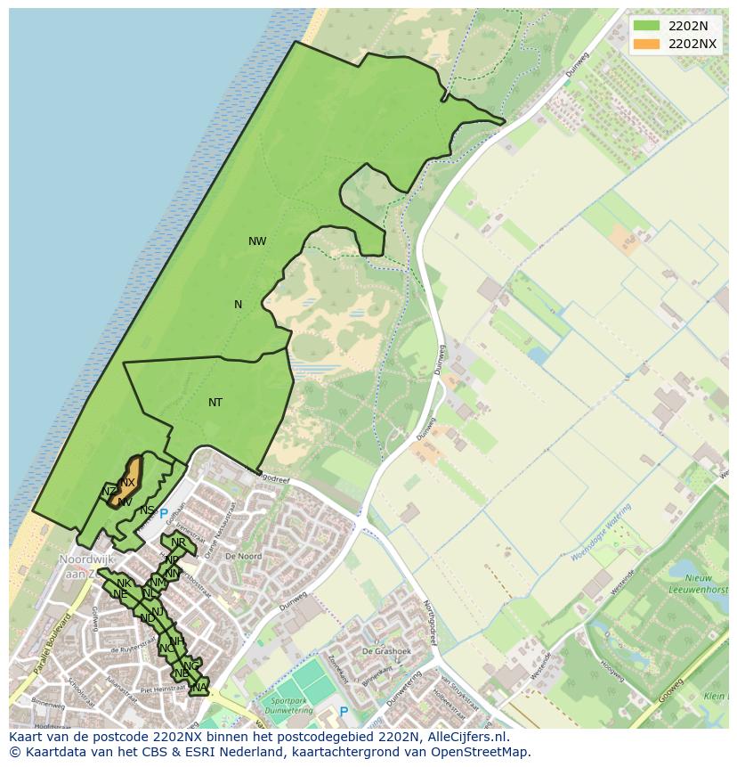 Afbeelding van het postcodegebied 2202 NX op de kaart.