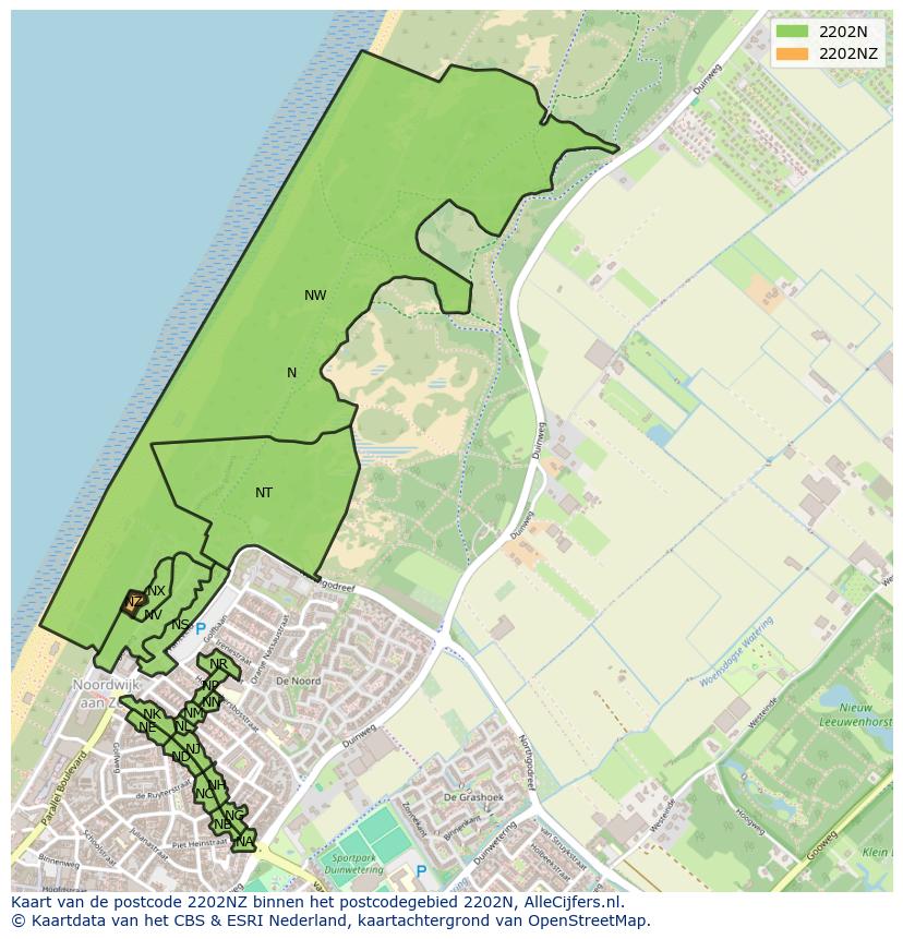 Afbeelding van het postcodegebied 2202 NZ op de kaart.