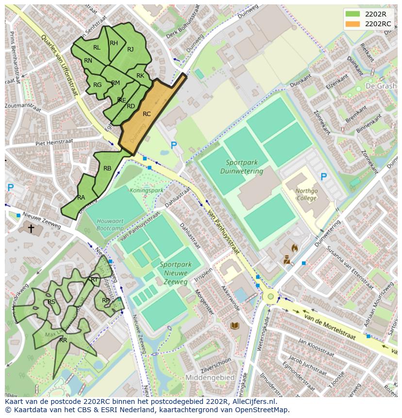 Afbeelding van het postcodegebied 2202 RC op de kaart.