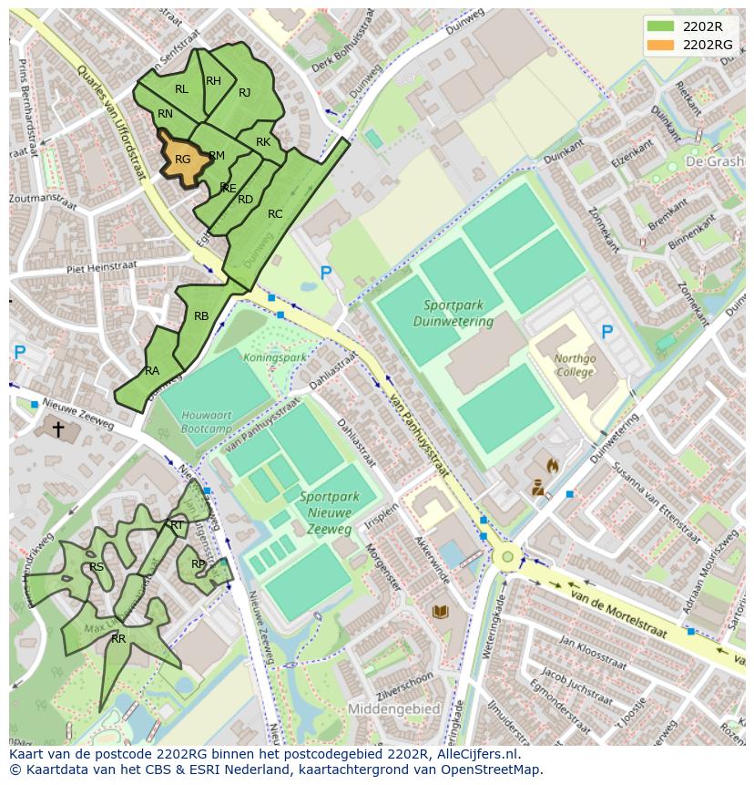 Afbeelding van het postcodegebied 2202 RG op de kaart.
