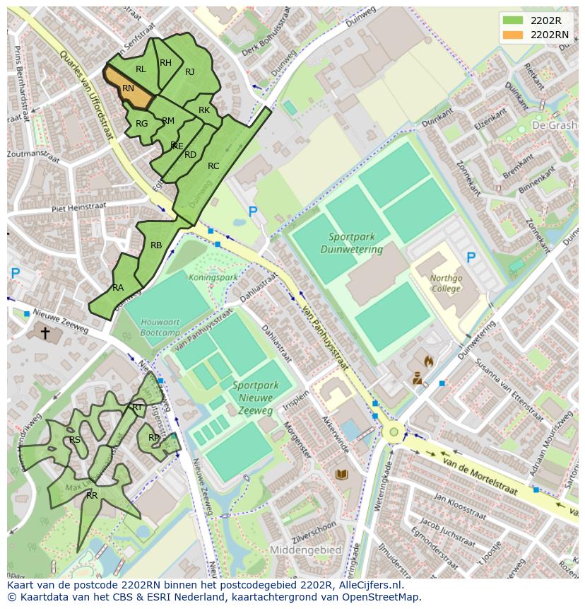 Afbeelding van het postcodegebied 2202 RN op de kaart.