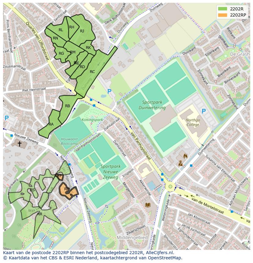 Afbeelding van het postcodegebied 2202 RP op de kaart.