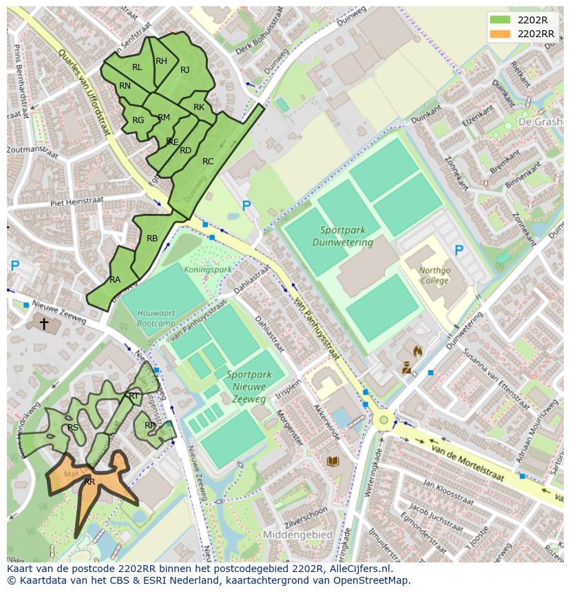 Afbeelding van het postcodegebied 2202 RR op de kaart.
