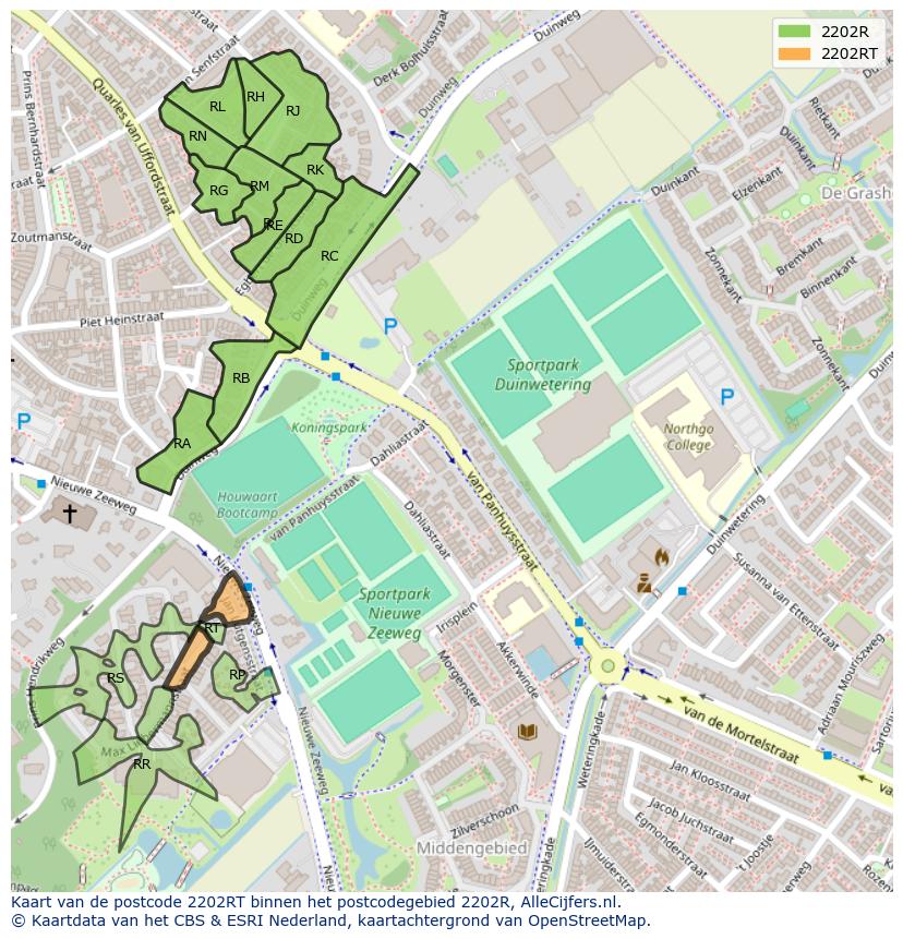 Afbeelding van het postcodegebied 2202 RT op de kaart.