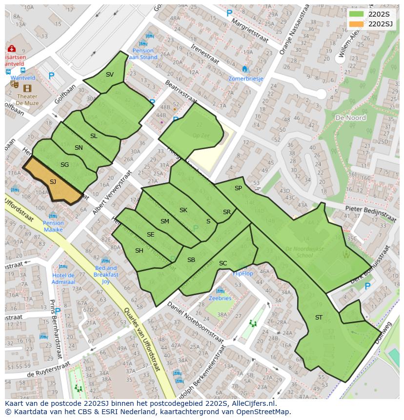 Afbeelding van het postcodegebied 2202 SJ op de kaart.