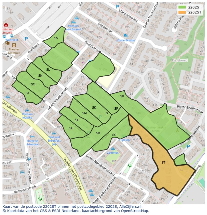 Afbeelding van het postcodegebied 2202 ST op de kaart.