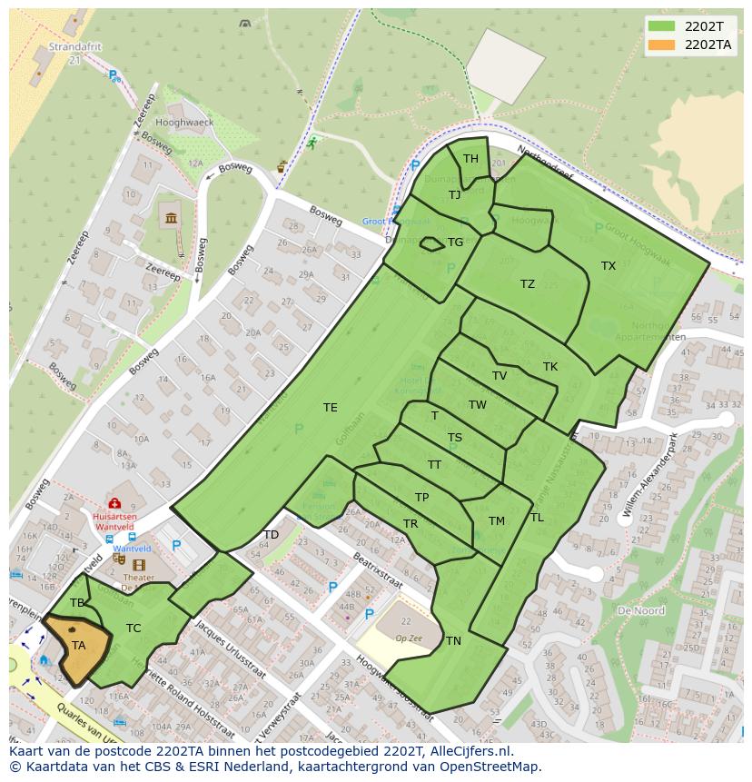 Afbeelding van het postcodegebied 2202 TA op de kaart.