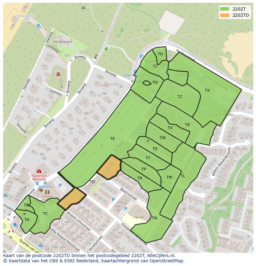 Afbeelding van het postcodegebied 2202 TD op de kaart.