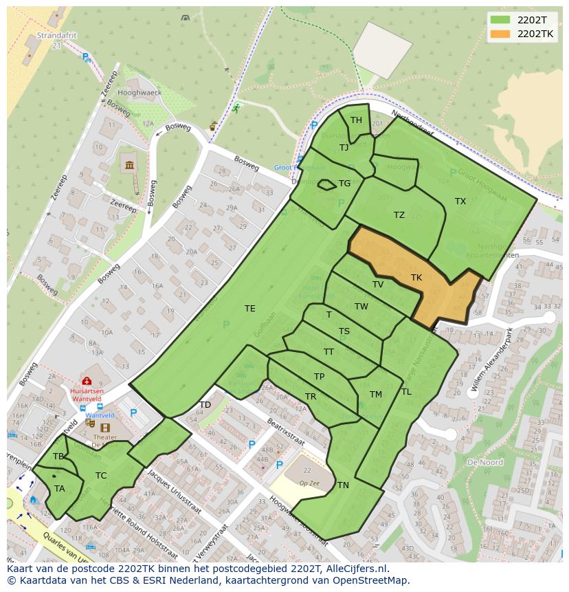 Afbeelding van het postcodegebied 2202 TK op de kaart.