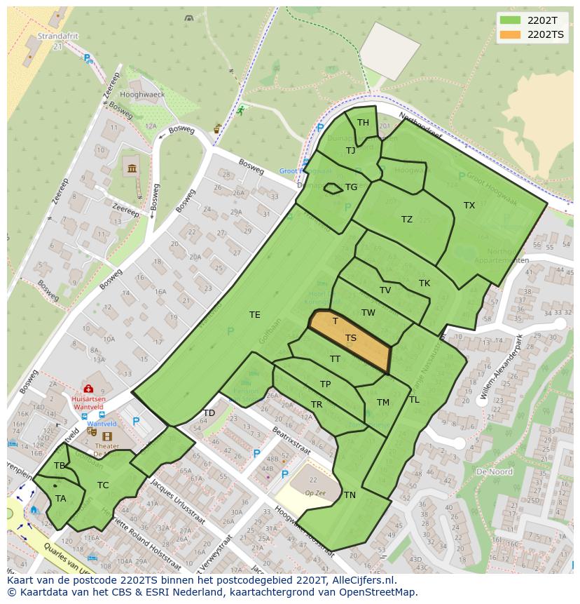 Afbeelding van het postcodegebied 2202 TS op de kaart.