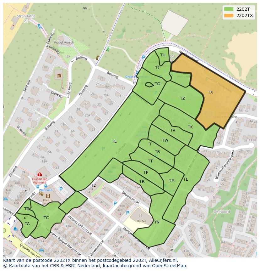 Afbeelding van het postcodegebied 2202 TX op de kaart.