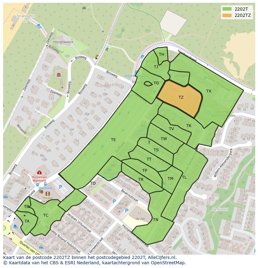 Afbeelding van het postcodegebied 2202 TZ op de kaart.