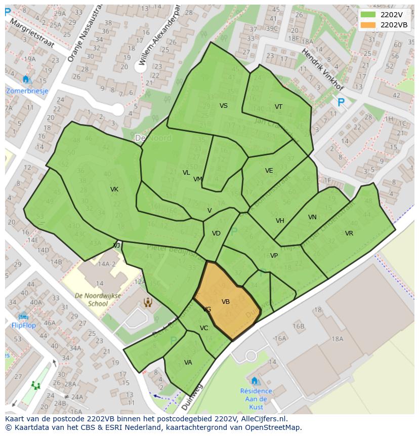 Afbeelding van het postcodegebied 2202 VB op de kaart.