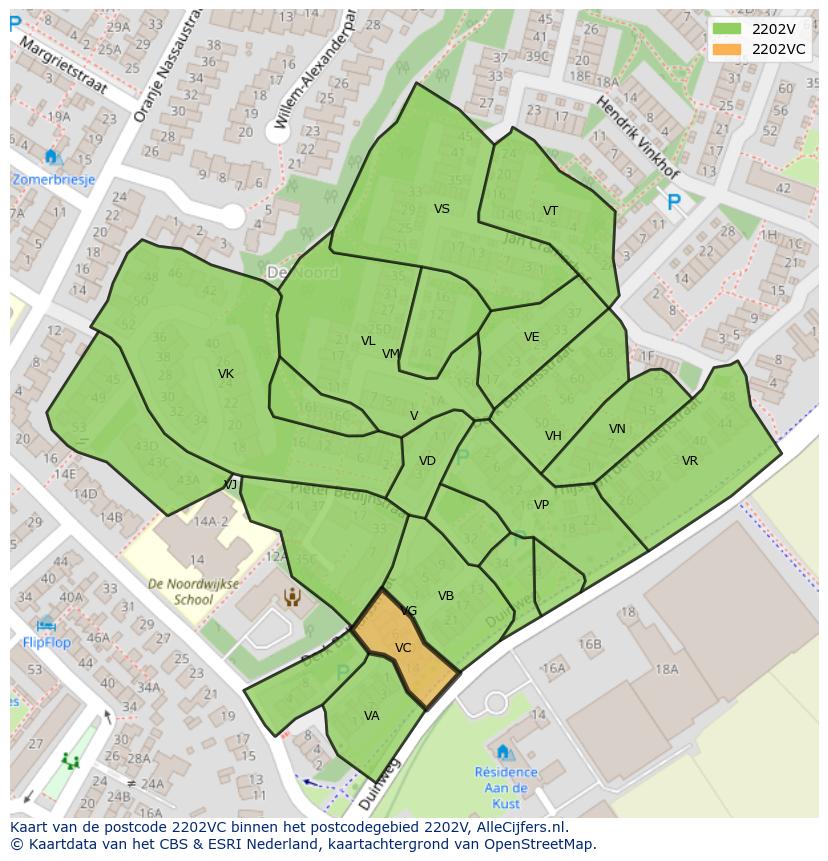 Afbeelding van het postcodegebied 2202 VC op de kaart.