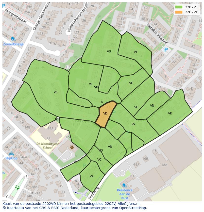 Afbeelding van het postcodegebied 2202 VD op de kaart.