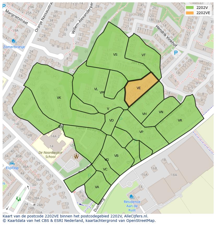 Afbeelding van het postcodegebied 2202 VE op de kaart.