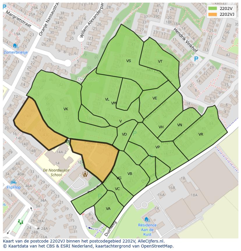 Afbeelding van het postcodegebied 2202 VJ op de kaart.