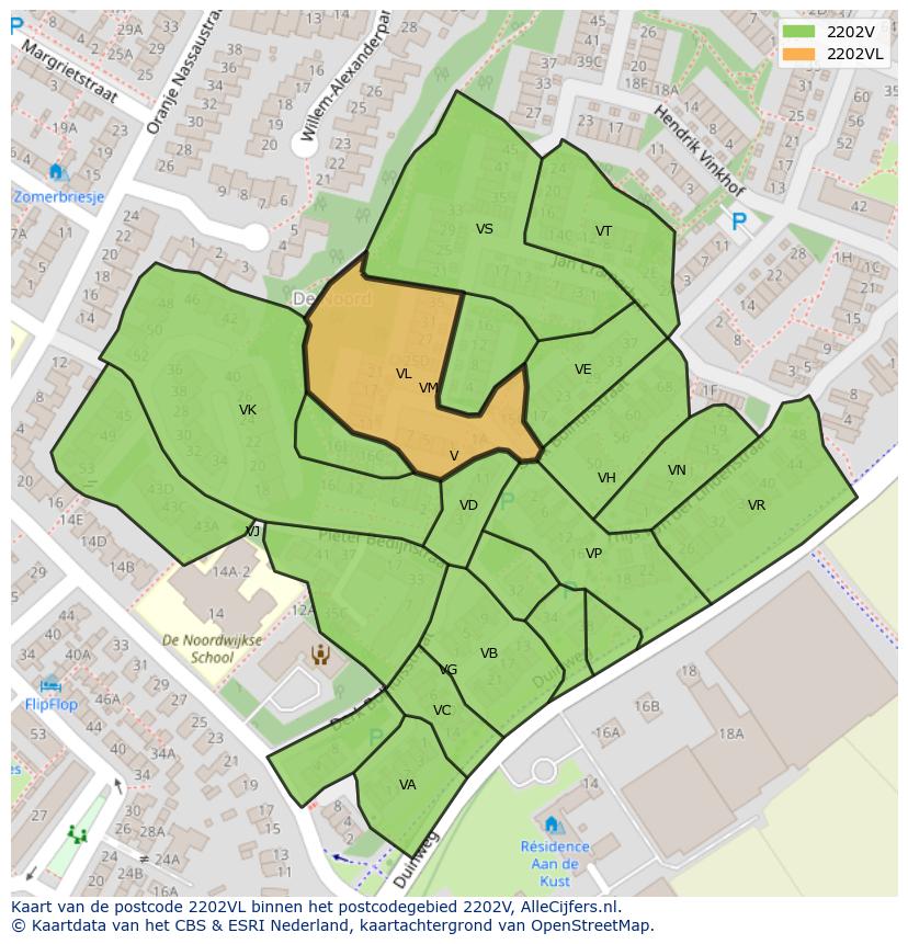 Afbeelding van het postcodegebied 2202 VL op de kaart.