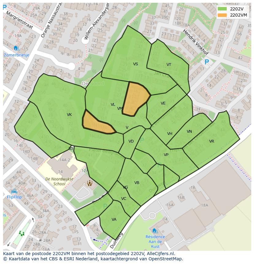 Afbeelding van het postcodegebied 2202 VM op de kaart.