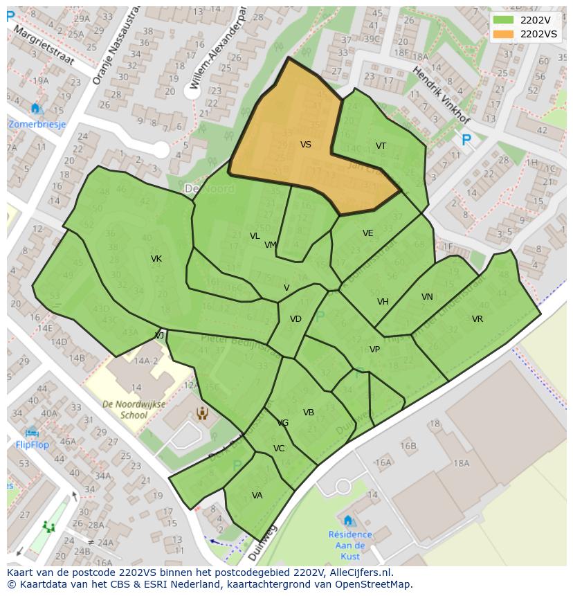 Afbeelding van het postcodegebied 2202 VS op de kaart.