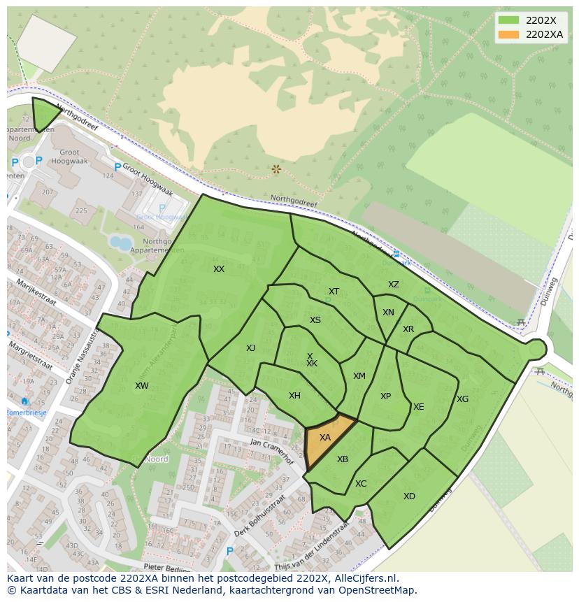 Afbeelding van het postcodegebied 2202 XA op de kaart.