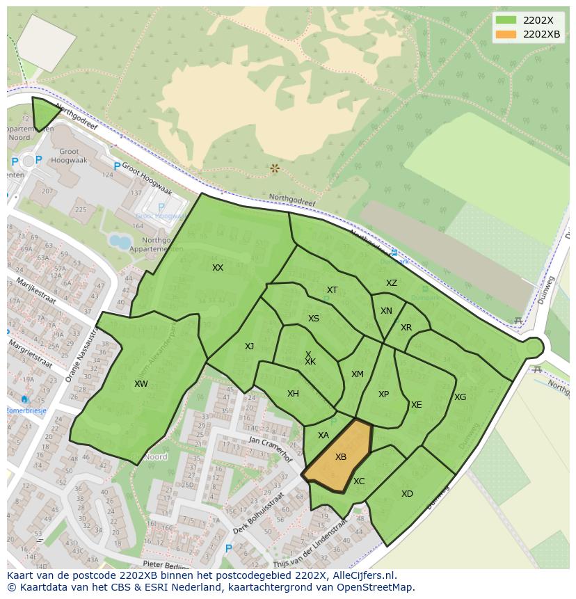 Afbeelding van het postcodegebied 2202 XB op de kaart.