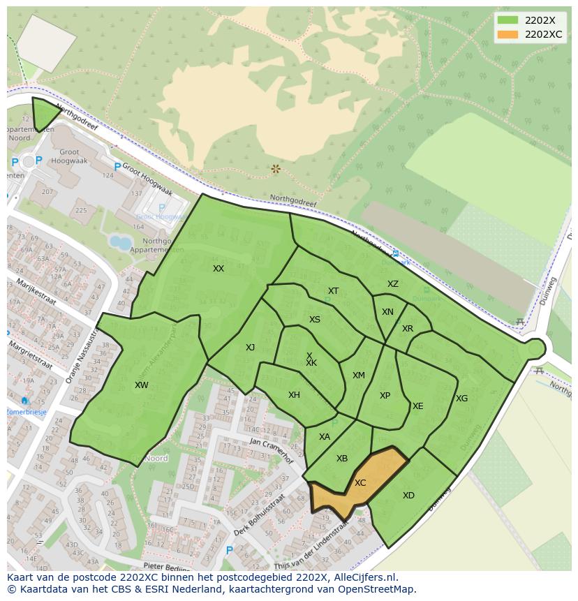 Afbeelding van het postcodegebied 2202 XC op de kaart.