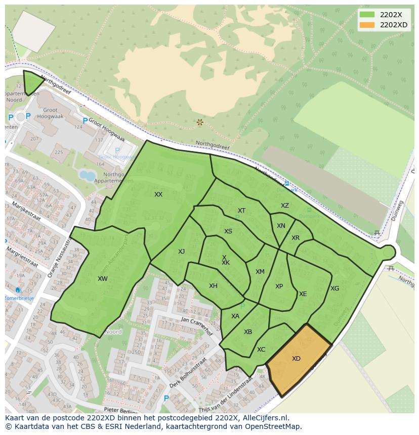 Afbeelding van het postcodegebied 2202 XD op de kaart.