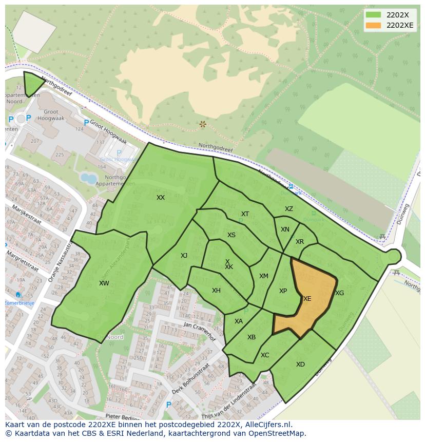 Afbeelding van het postcodegebied 2202 XE op de kaart.