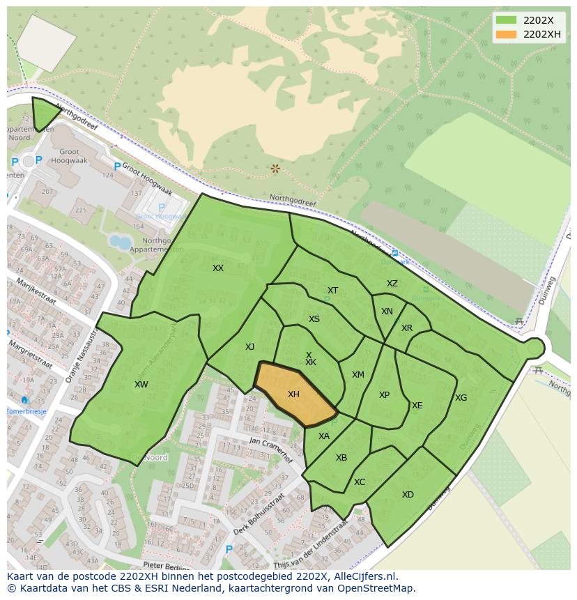 Afbeelding van het postcodegebied 2202 XH op de kaart.