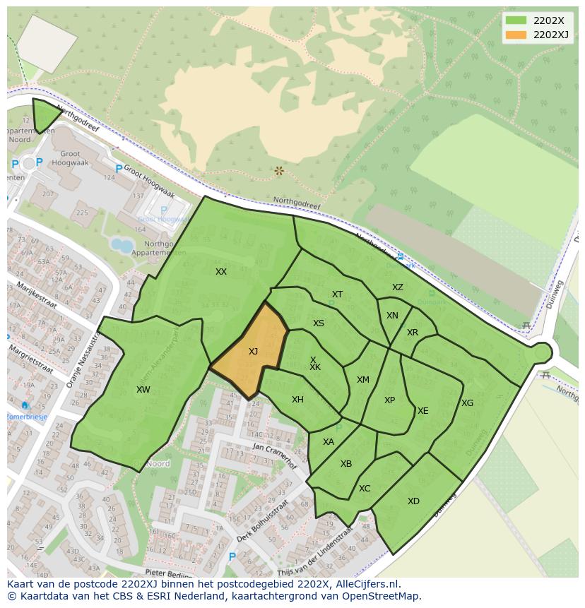 Afbeelding van het postcodegebied 2202 XJ op de kaart.