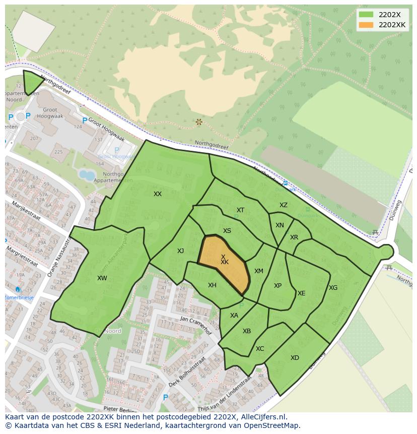 Afbeelding van het postcodegebied 2202 XK op de kaart.