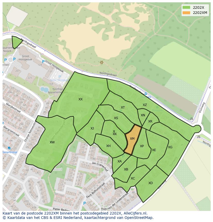 Afbeelding van het postcodegebied 2202 XM op de kaart.