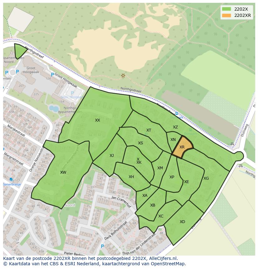 Afbeelding van het postcodegebied 2202 XR op de kaart.