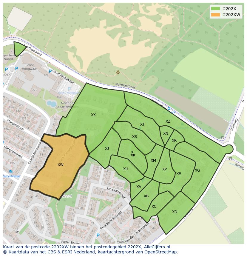 Afbeelding van het postcodegebied 2202 XW op de kaart.