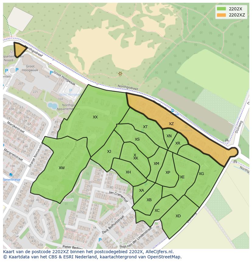 Afbeelding van het postcodegebied 2202 XZ op de kaart.