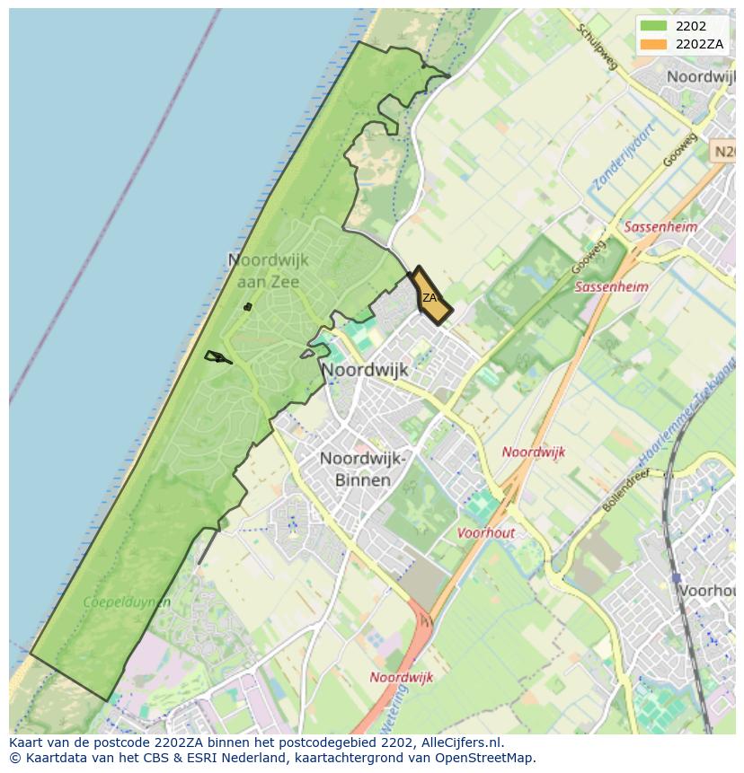 Afbeelding van het postcodegebied 2202 ZA op de kaart.