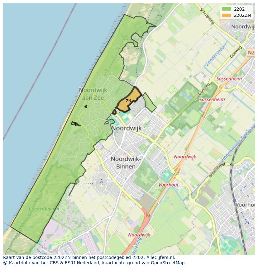 Afbeelding van het postcodegebied 2202 ZN op de kaart.