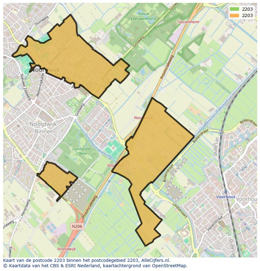 Afbeelding van het postcodegebied 2203 op de kaart.