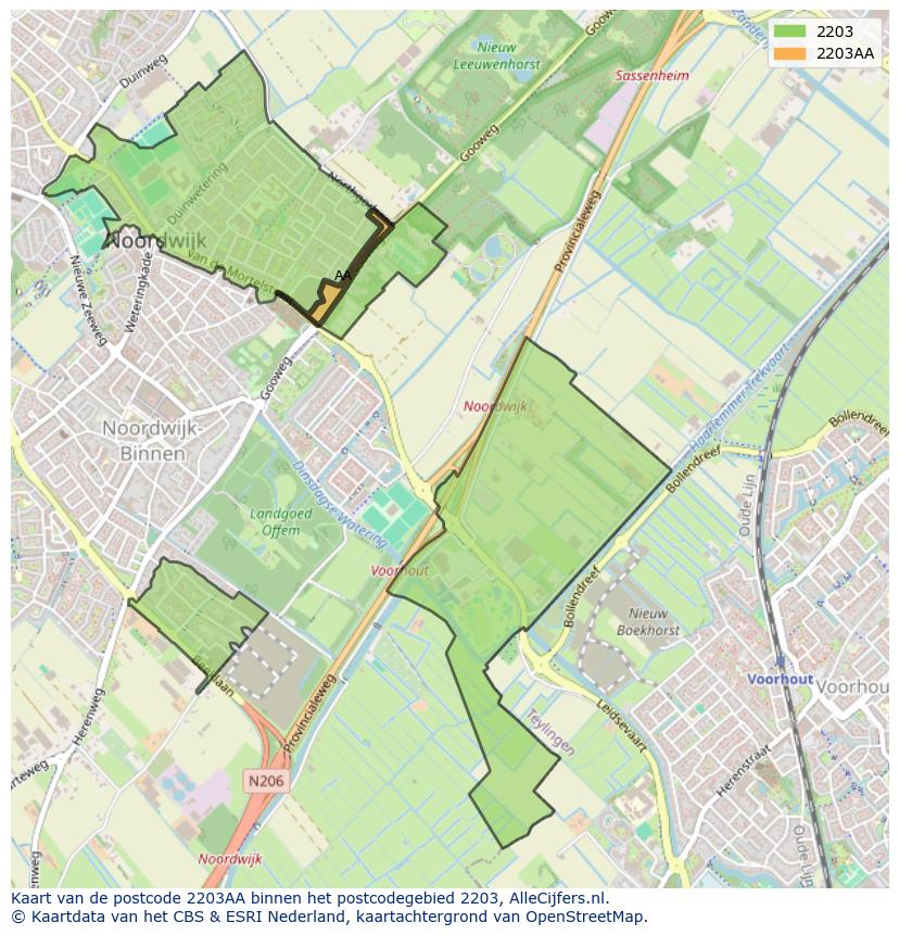 Afbeelding van het postcodegebied 2203 AA op de kaart.