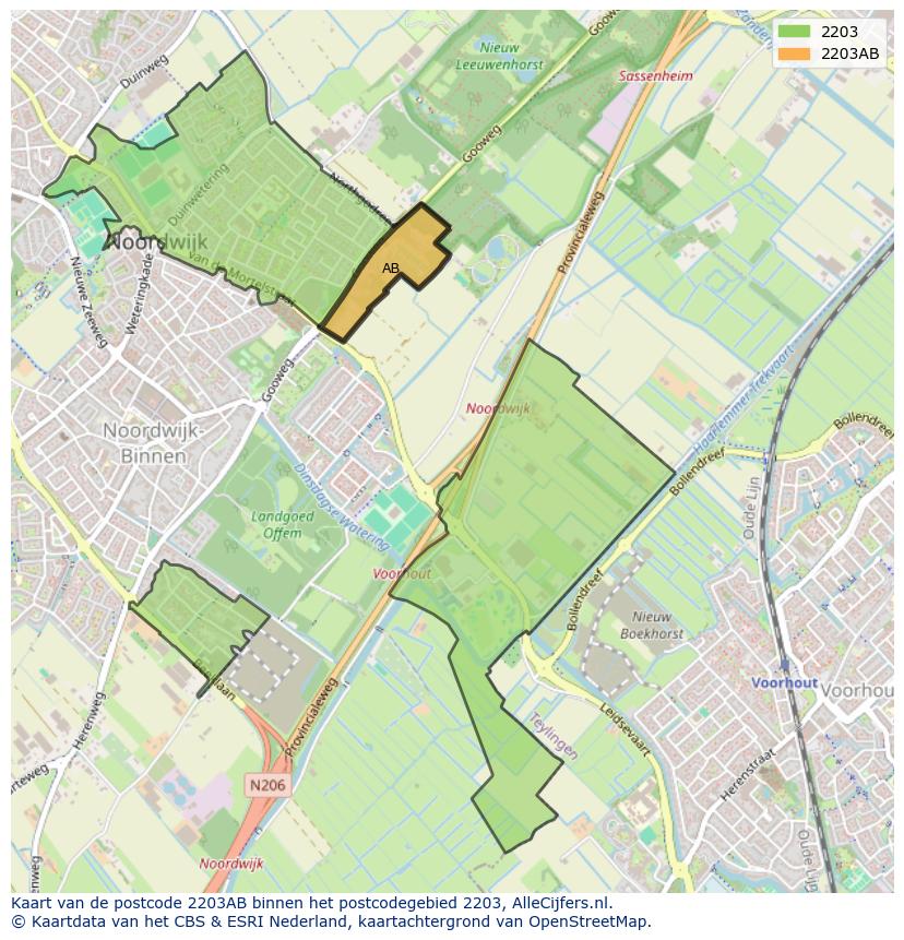 Afbeelding van het postcodegebied 2203 AB op de kaart.