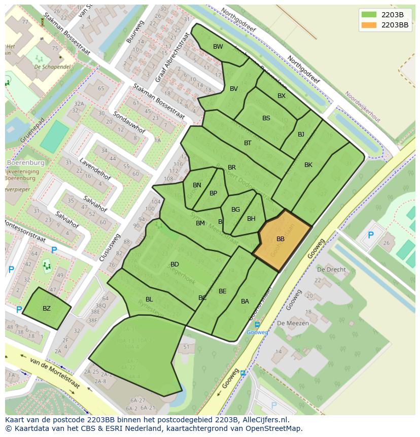 Afbeelding van het postcodegebied 2203 BB op de kaart.