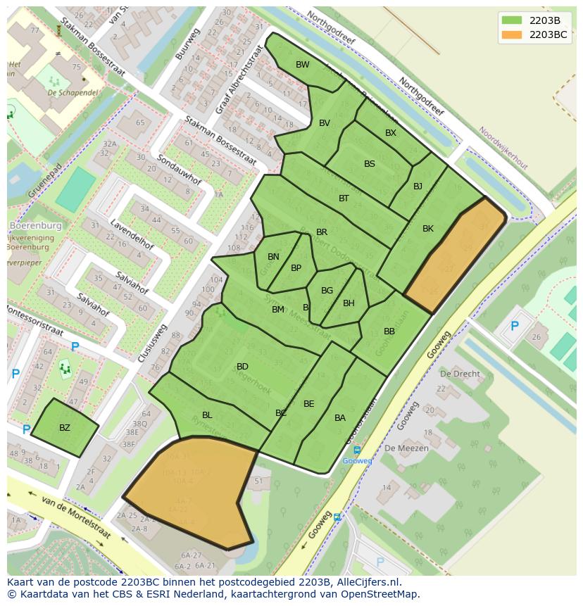 Afbeelding van het postcodegebied 2203 BC op de kaart.