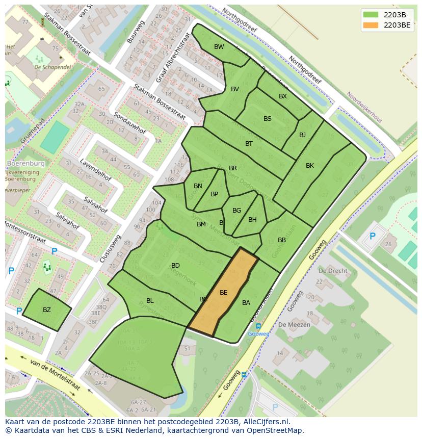 Afbeelding van het postcodegebied 2203 BE op de kaart.