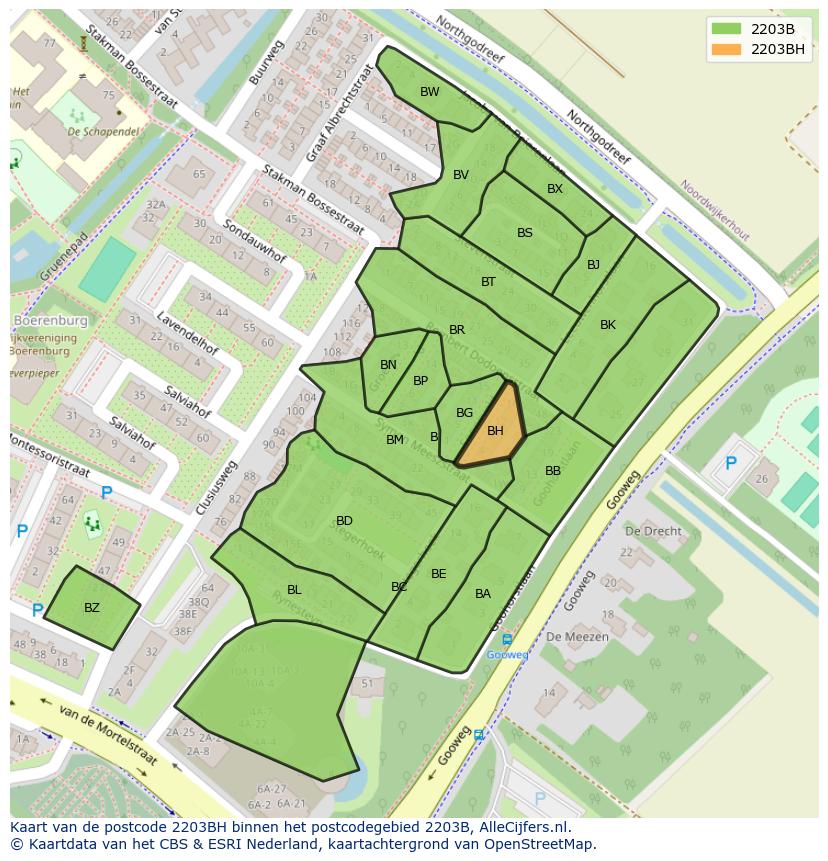 Afbeelding van het postcodegebied 2203 BH op de kaart.