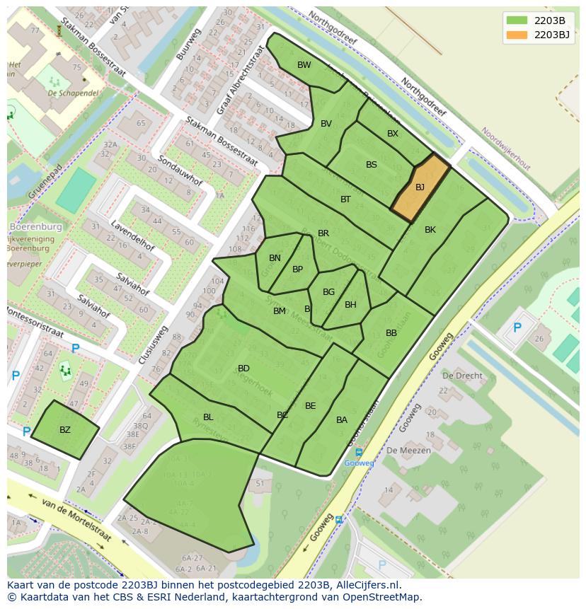 Afbeelding van het postcodegebied 2203 BJ op de kaart.