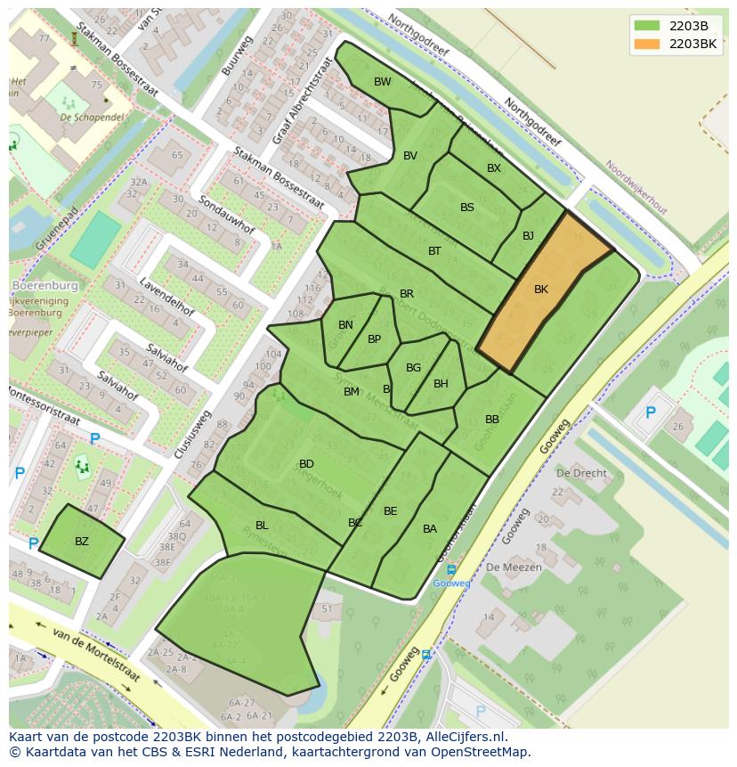 Afbeelding van het postcodegebied 2203 BK op de kaart.
